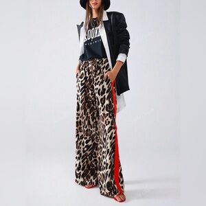 Leopard Print Wide-Leg Pants with Red Stripe